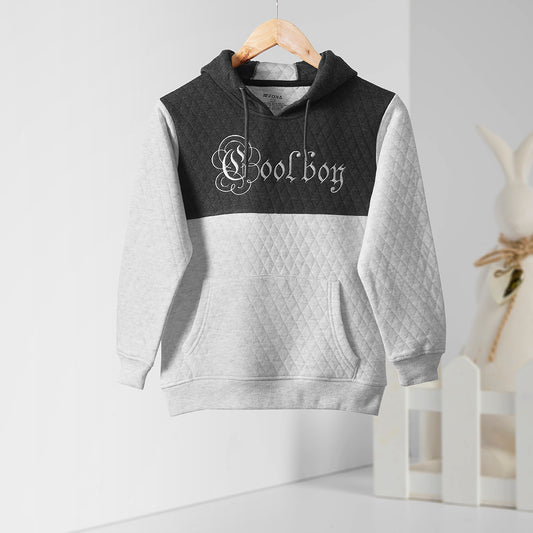 Quilted Grey & White Kid Hoodie - Cool Boy Embroidery - Premium Combed Cotton