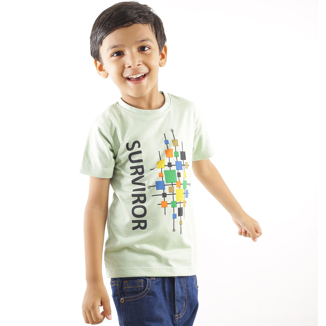 KID'S SEAFOAM GREEN SURVIROR ABSTRACT MULTI PRINT T-SHIRT