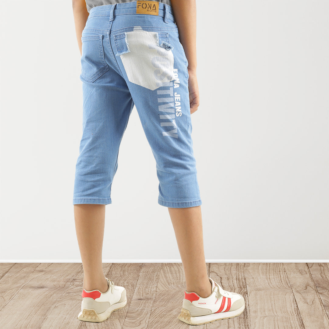 KID BOYS' LIGHT BLUE DENIM SHORTS - WHITE PRINT