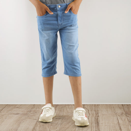 KID BOYS' LIGHT BLUE DENIM SHORTS - WHITE PRINT