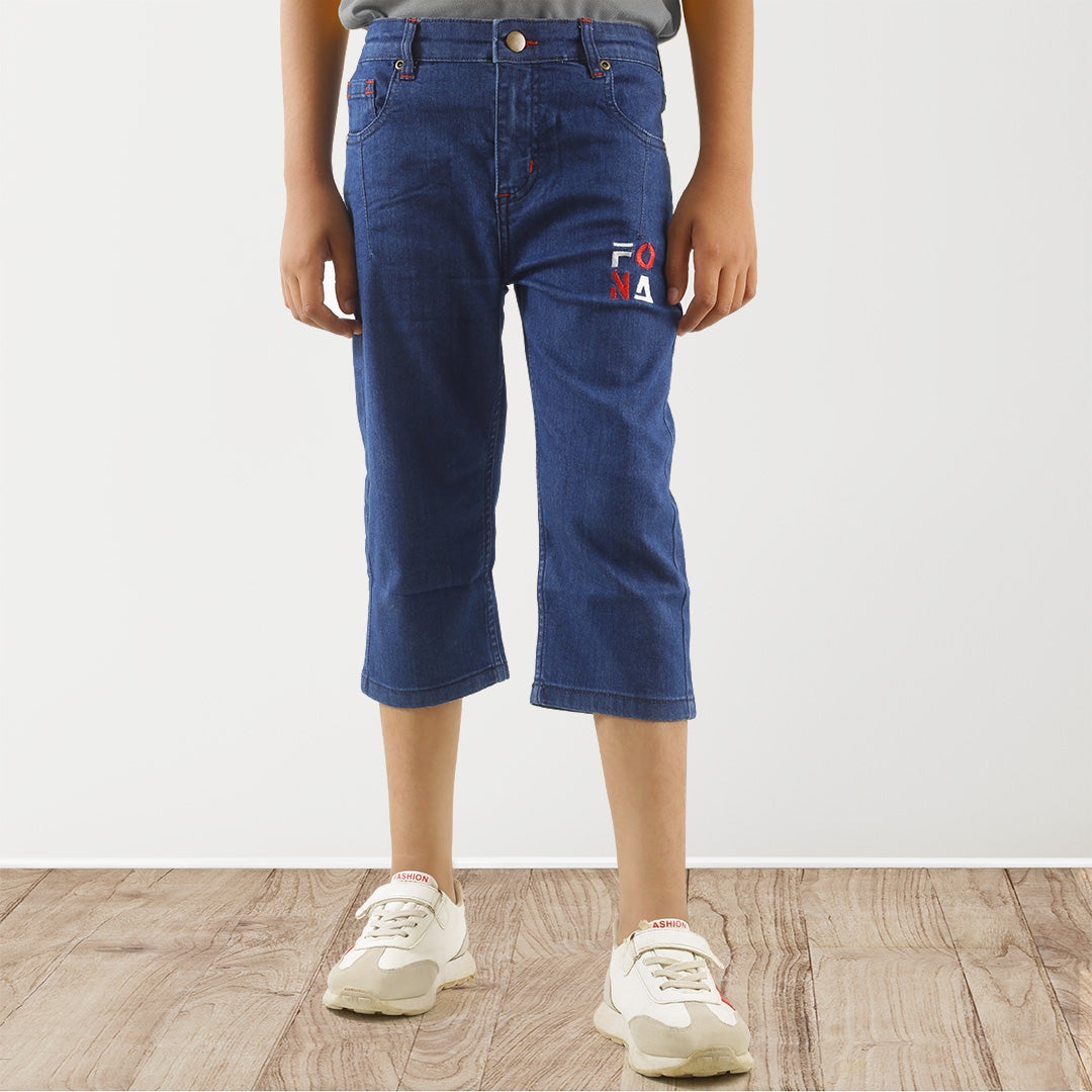 KID BOYS' DARK BLUE DENIM SHORTS WITH FONA EMBROIDERY