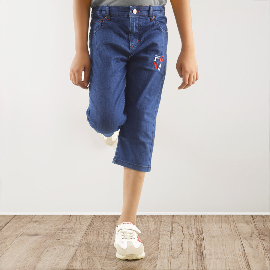 KID BOYS' DARK BLUE DENIM SHORTS WITH FONA EMBROIDERY