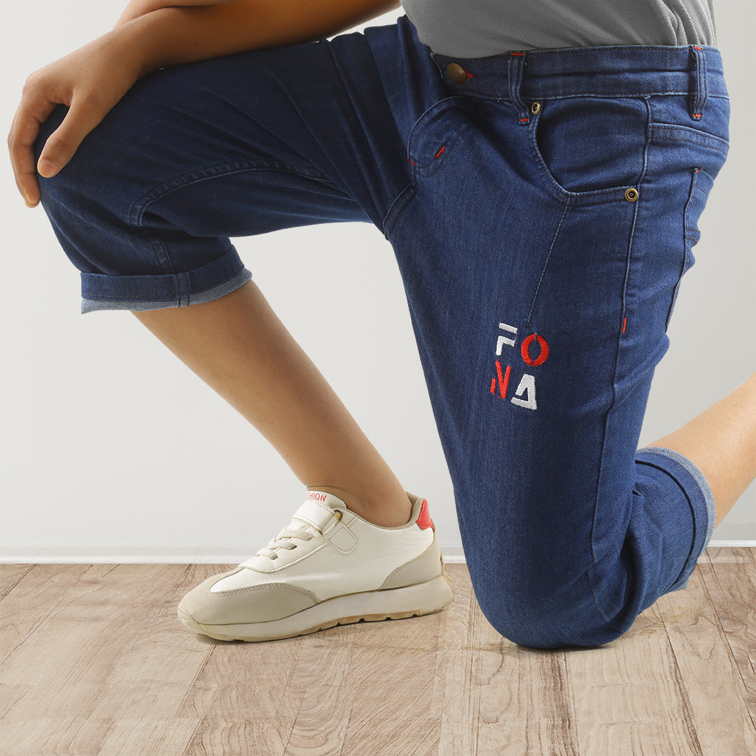 KID BOYS' DARK BLUE DENIM SHORTS WITH FONA EMBROIDERY