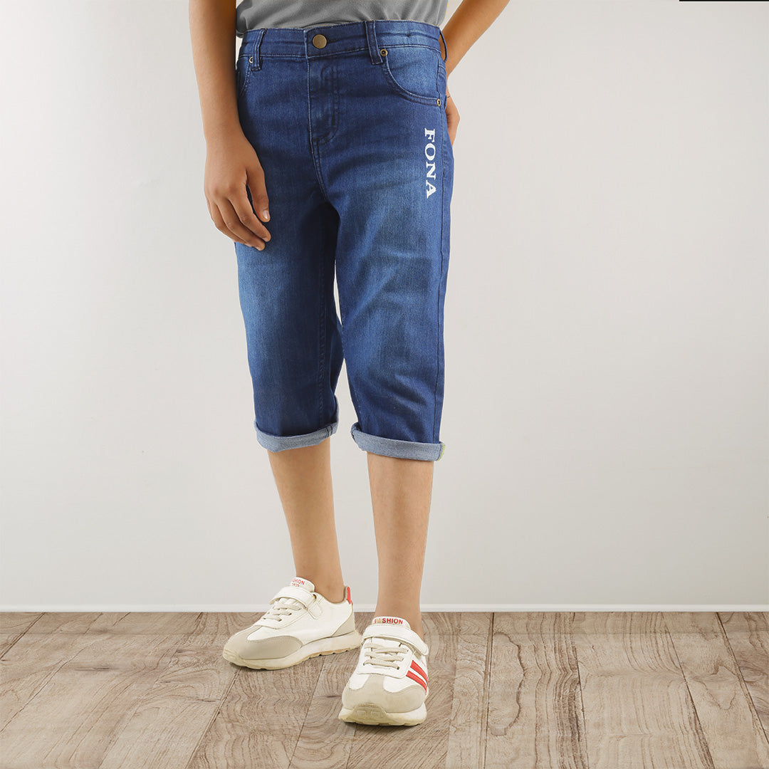 KID BOYS' BLUE DENIM SHORTS WITH FONA PRINT POCKET