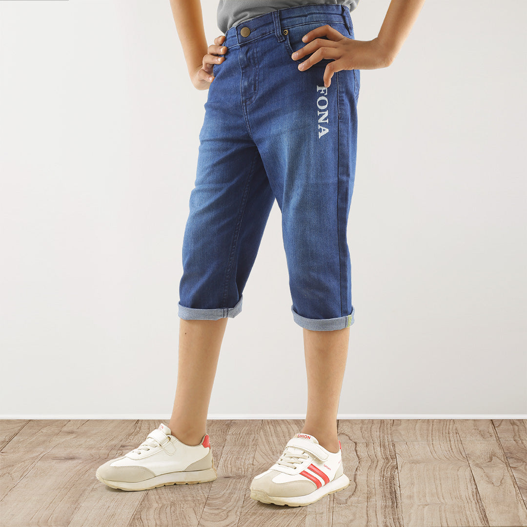 KID BOYS' BLUE DENIM SHORTS WITH FONA PRINT POCKET