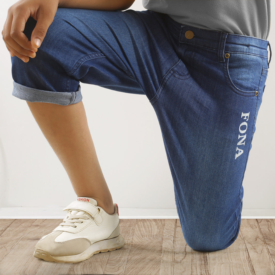 KID BOYS' BLUE DENIM SHORTS WITH FONA PRINT POCKET