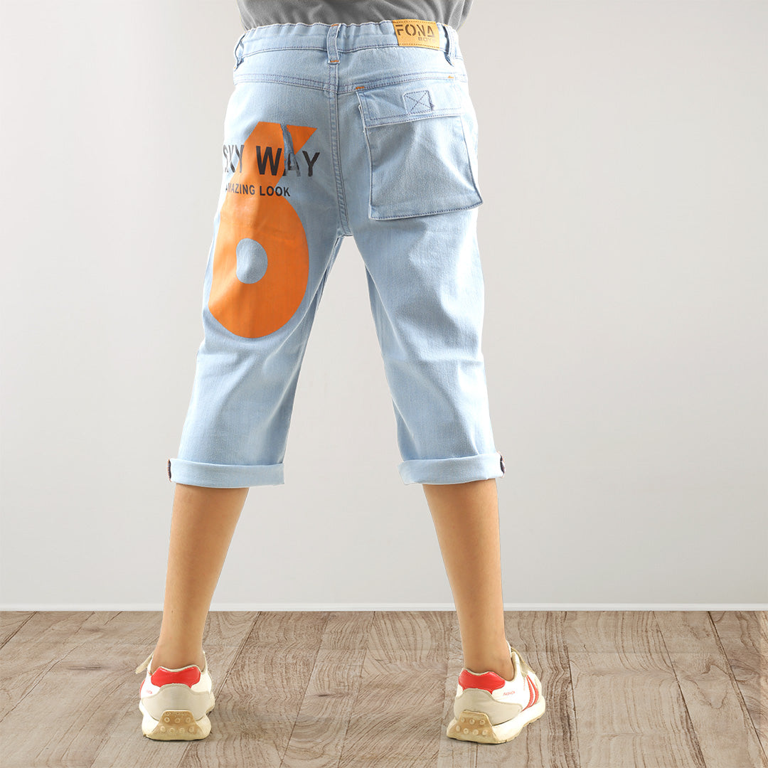 KID BOYS' SKY BLUE DENIM SHORTS - ORANGE BACK PRINT