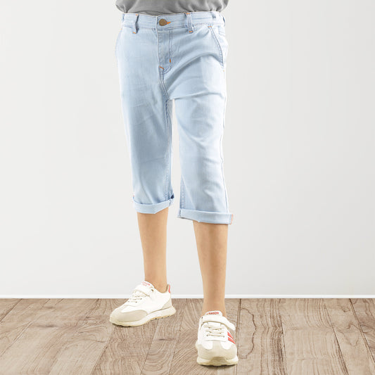 KID BOYS' SKY BLUE DENIM SHORTS - ORANGE BACK PRINT