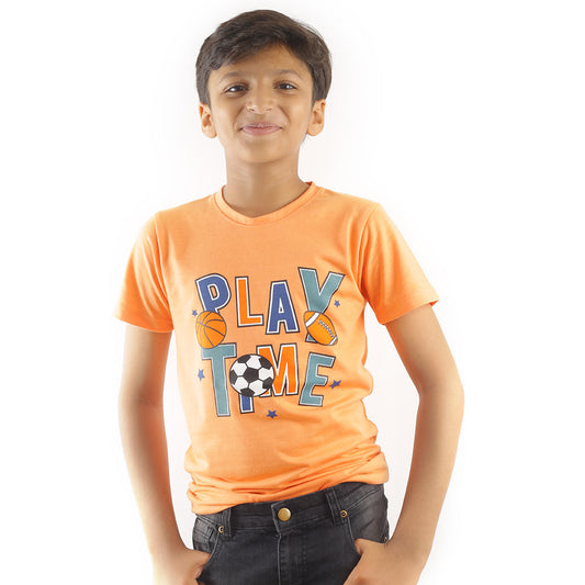 KID'S ORANGE PLAY TIME SPORTS PRINT T-SHIRT