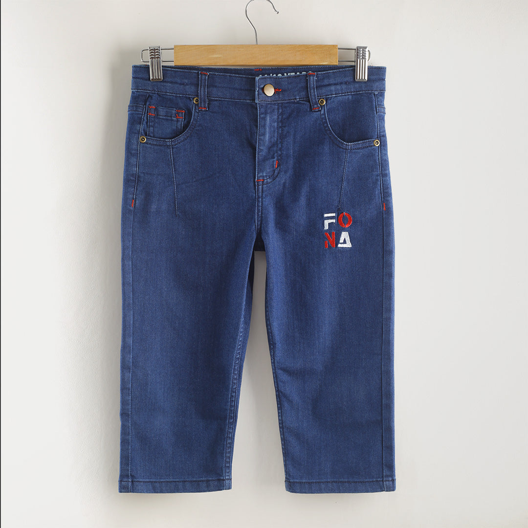 KID BOYS' DARK BLUE DENIM SHORTS WITH FONA EMBROIDERY