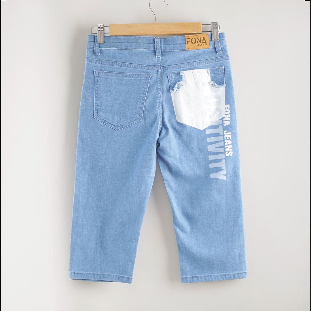 KID BOYS' LIGHT BLUE DENIM SHORTS - WHITE PRINT