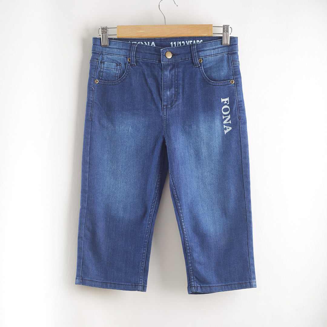 KID BOYS' BLUE DENIM SHORTS WITH FONA PRINT POCKET