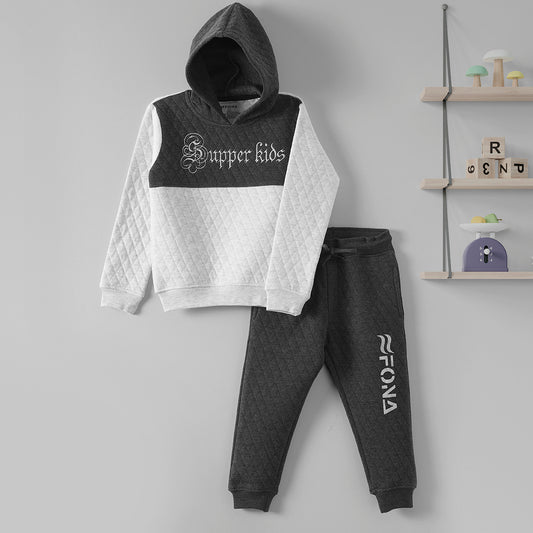 Quilted Grey & White Kid Hoodie with Supper Kids Embroidery - Matching Bottom Trouser - Premium Combed Cotton"