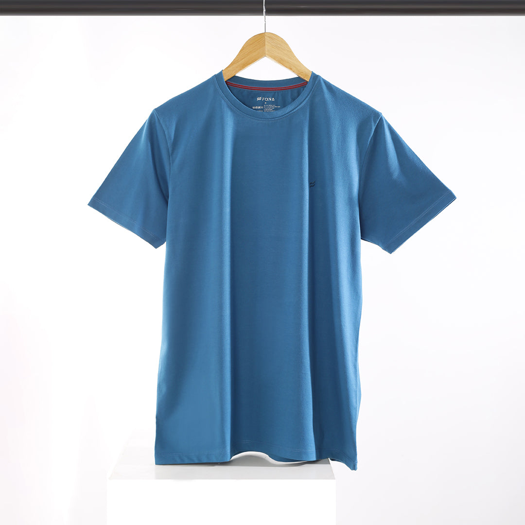 BLUE ROUND NECK HALF SLEEVE MEN'S T-SHIRT - COMBED COTTON JERSEY FABRIC