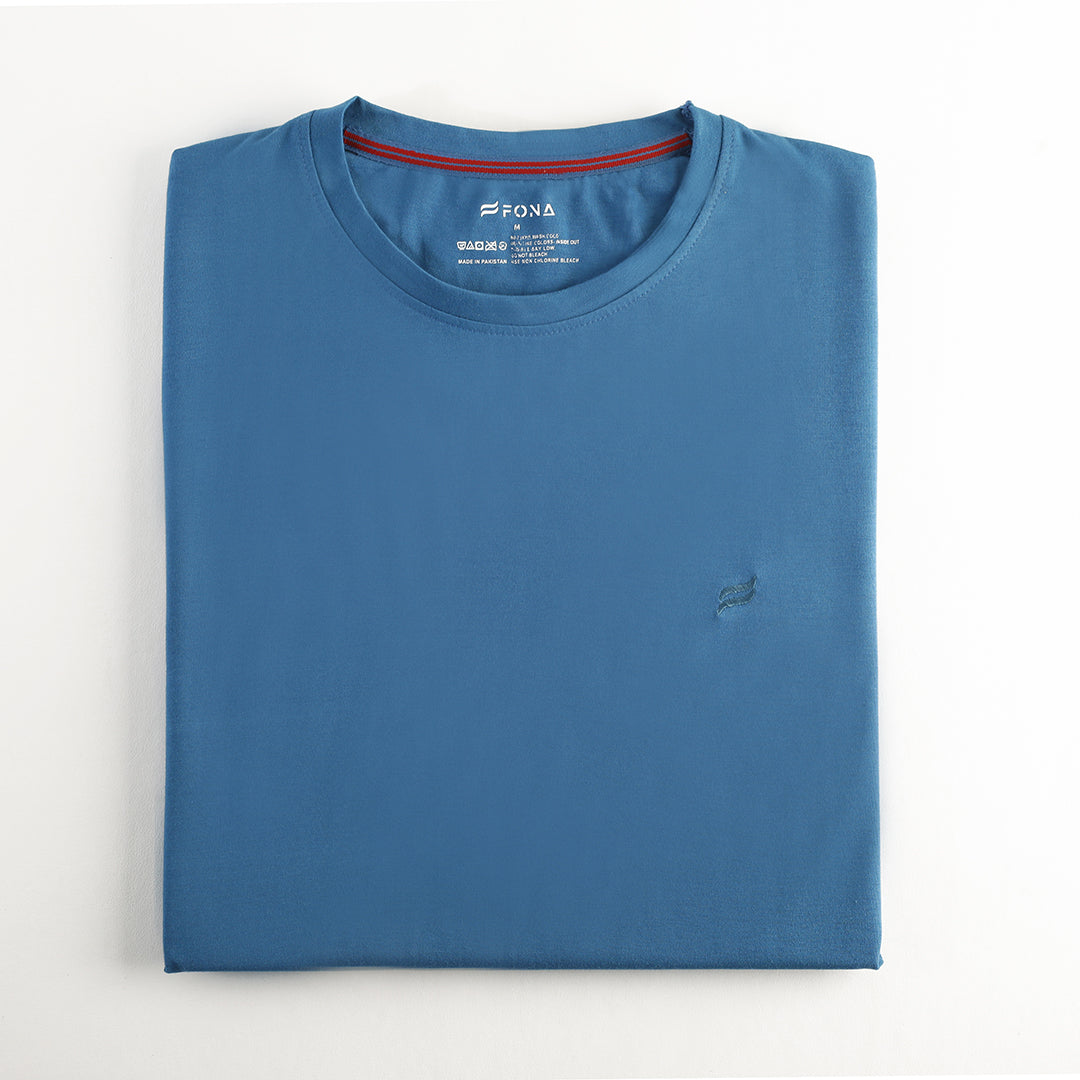 BLUE ROUND NECK HALF SLEEVE MEN'S T-SHIRT - COMBED COTTON JERSEY FABRIC