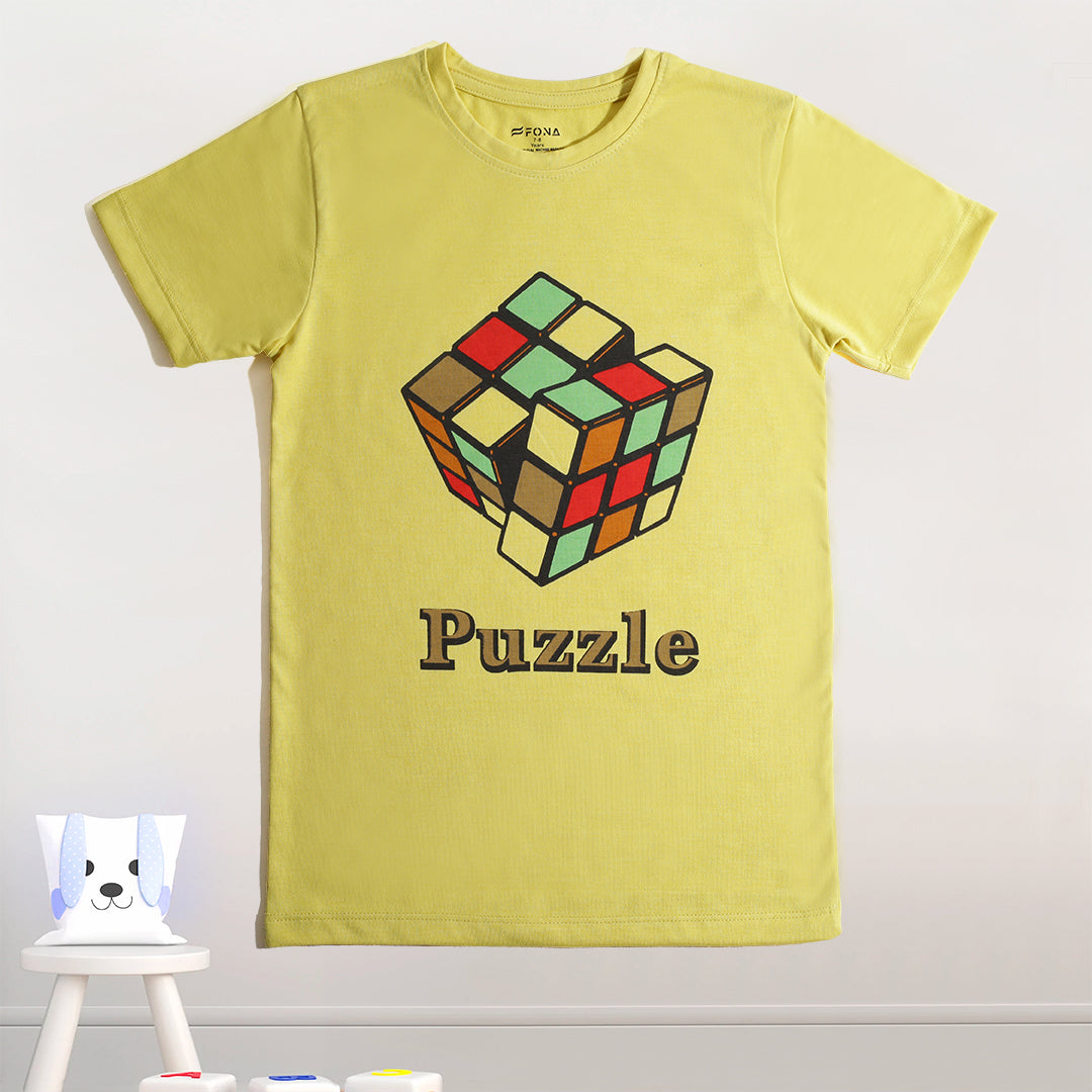 KID'S YELLOW PUZZLE PRINT T-SHIRT