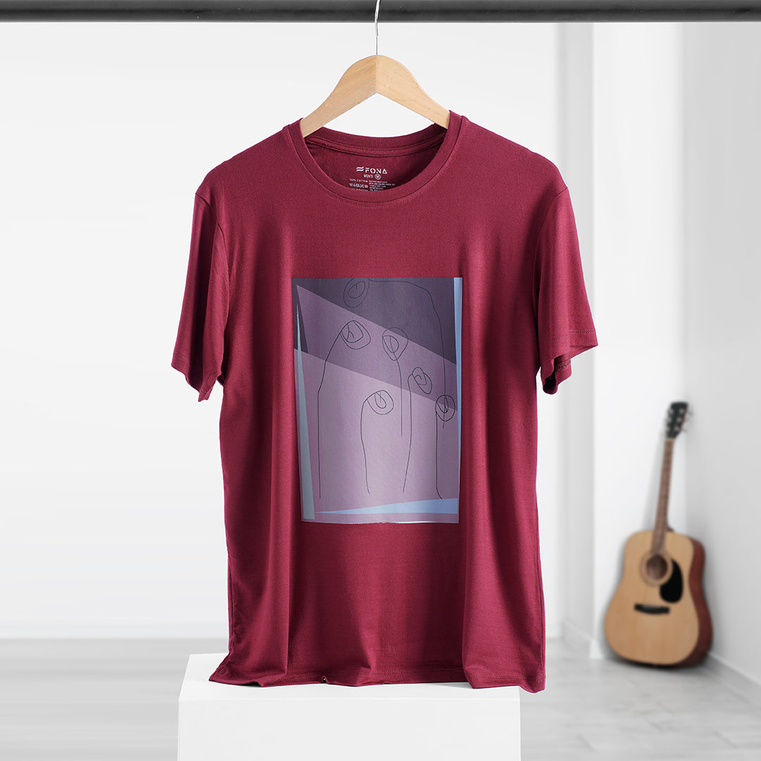 BURGUNDY MAROON PRINTED CREW NECK MEN T-SHIRT